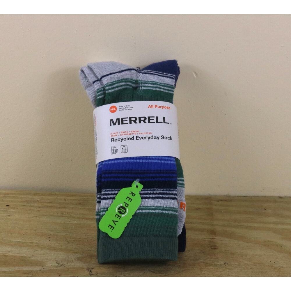 New Merrell Mens Socks M/L Repreve Recycled Everyday All Purpose 3 Pairs Hiking